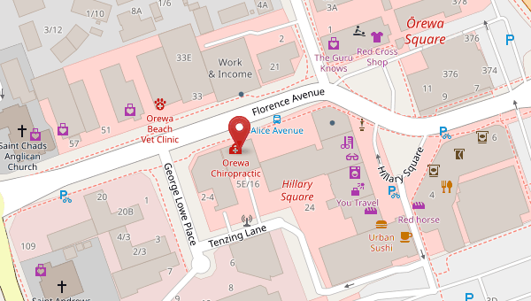 Street map of central Orewa with a red pin on Florence Avenue at Florence House, near Alice Avenue, George Lowe Place, Tenzing Lane and Hillary Square